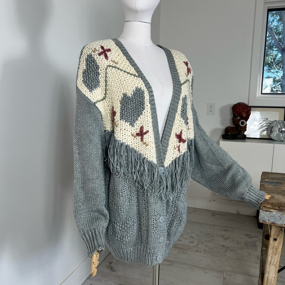 Vintage Gray and Cream Women's Cardigan Sweater with Fringe Size 20W